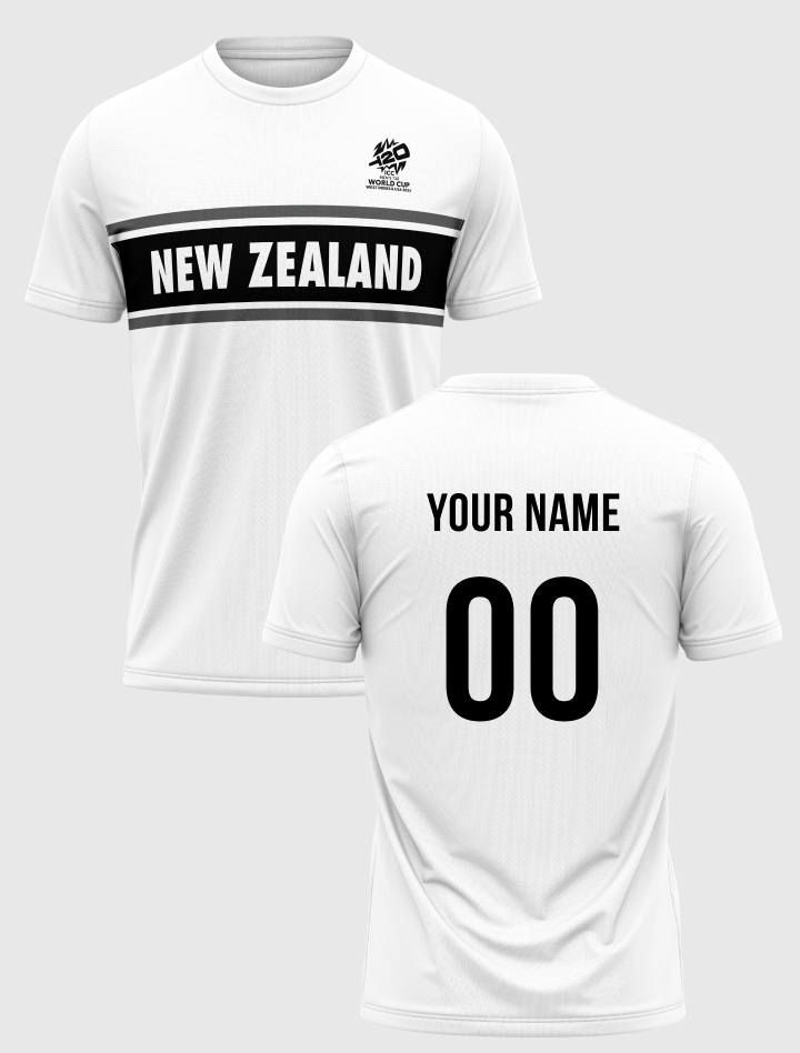 New Zealand ICC Men's T20 WC-24 White Typography Half Sleeves Round Neck Polyester T-Shirt  - Customised (2)