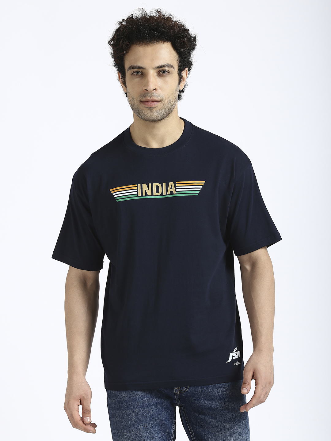 Buy Men Navy Blue Printed Oversized Round Neck Cotton T shirts From Fancode Shop