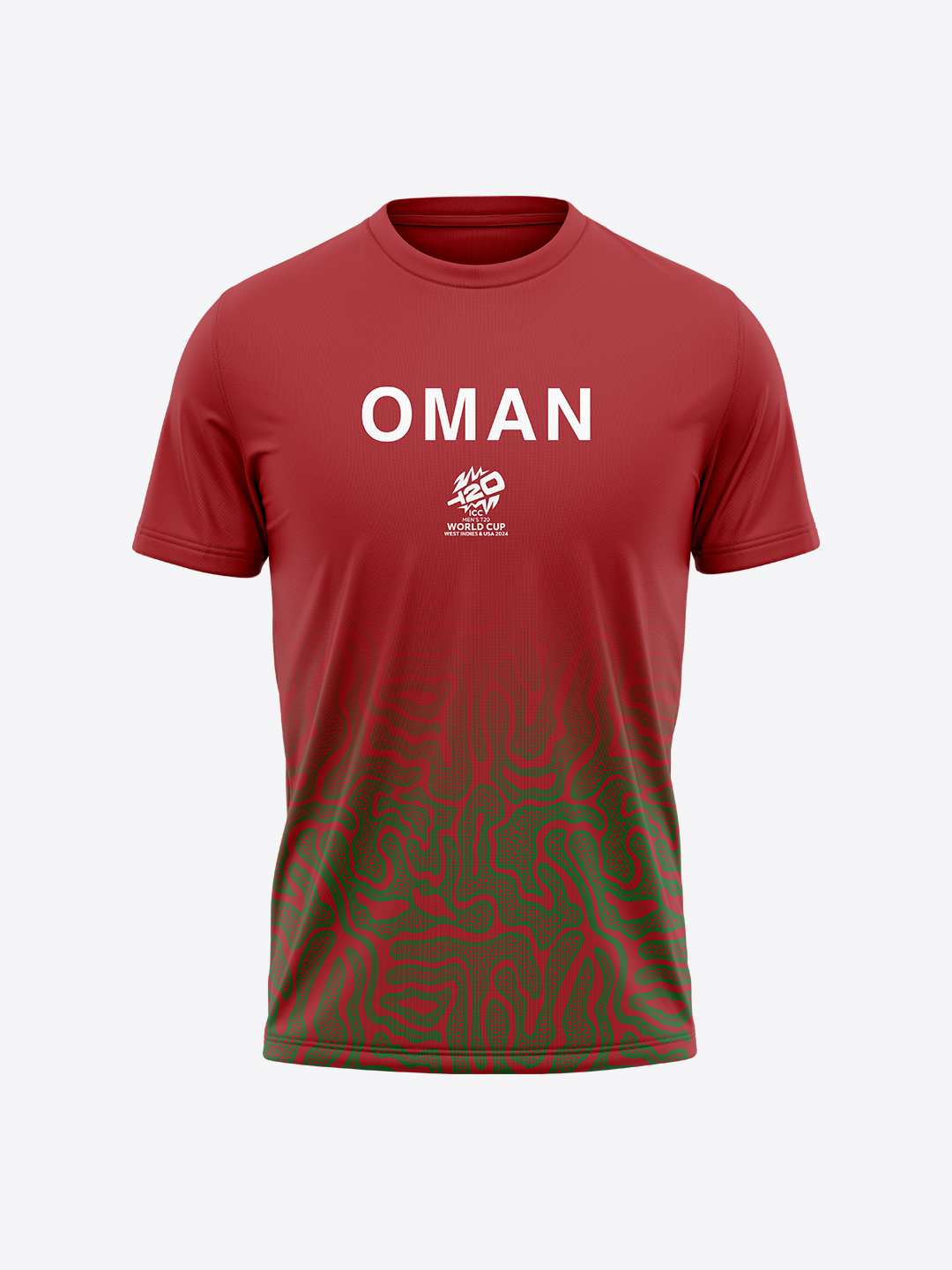 Oman ICC Men's T20 WC-24 Red Logo Printed Half Sleeves Round Neck Polyester T-Shirt (1)