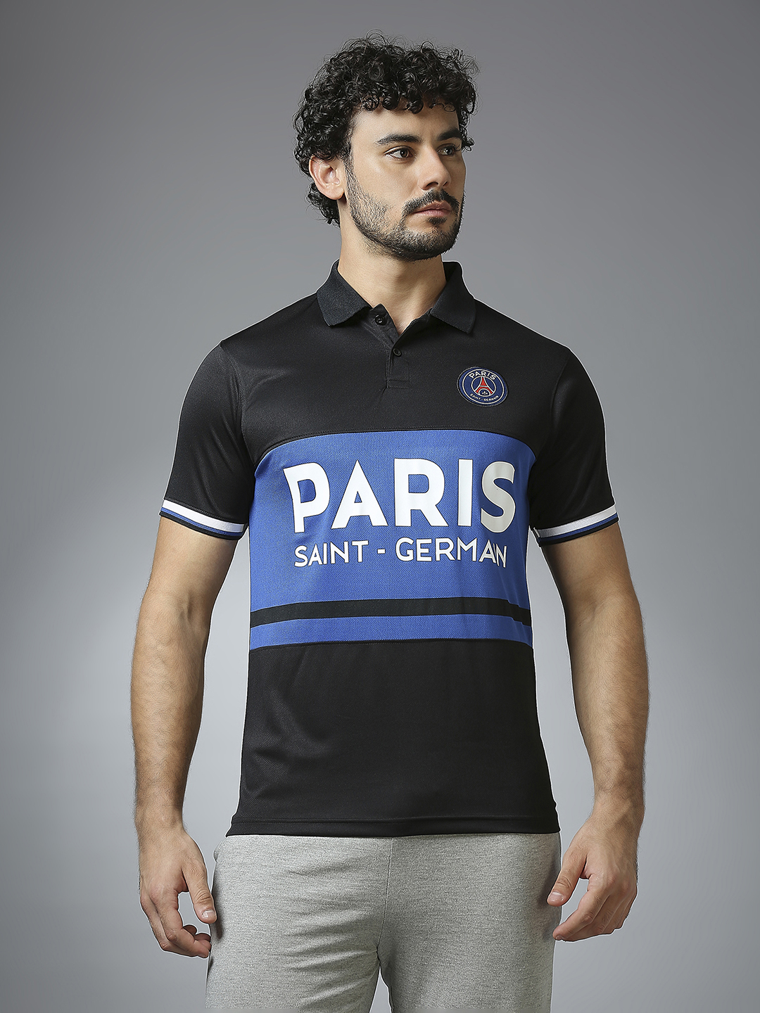 Paris Saint-Germain Men Black Half Sleeves Polo Collar Cut & Sew T-Shirt (1)