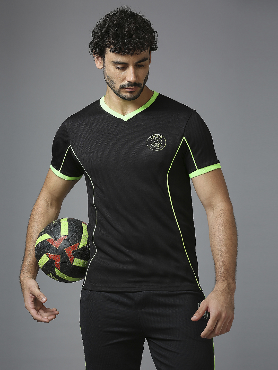 Paris Saint-Germain Men Black Half Sleeves V-Neck Sports Core T-Shirts (8)