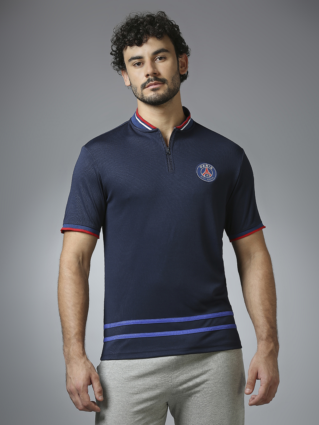 Men Navy Blue Half Sleeves Round Neck Bomber Henley T-Shirts