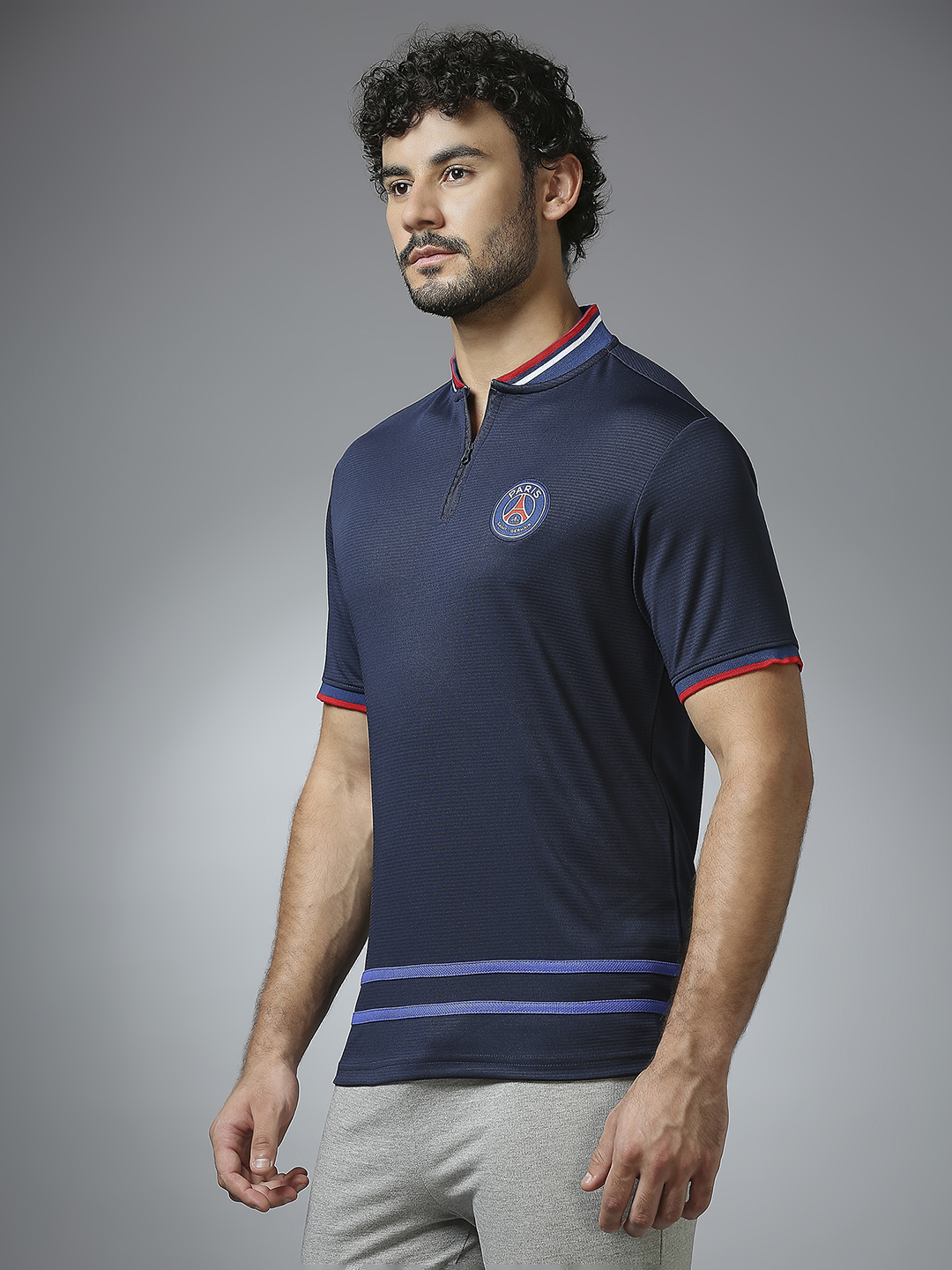 Paris Saint-Germain Men Navy Blue Half Sleeves Round Neck Bomber Henley T-Shirts (2)