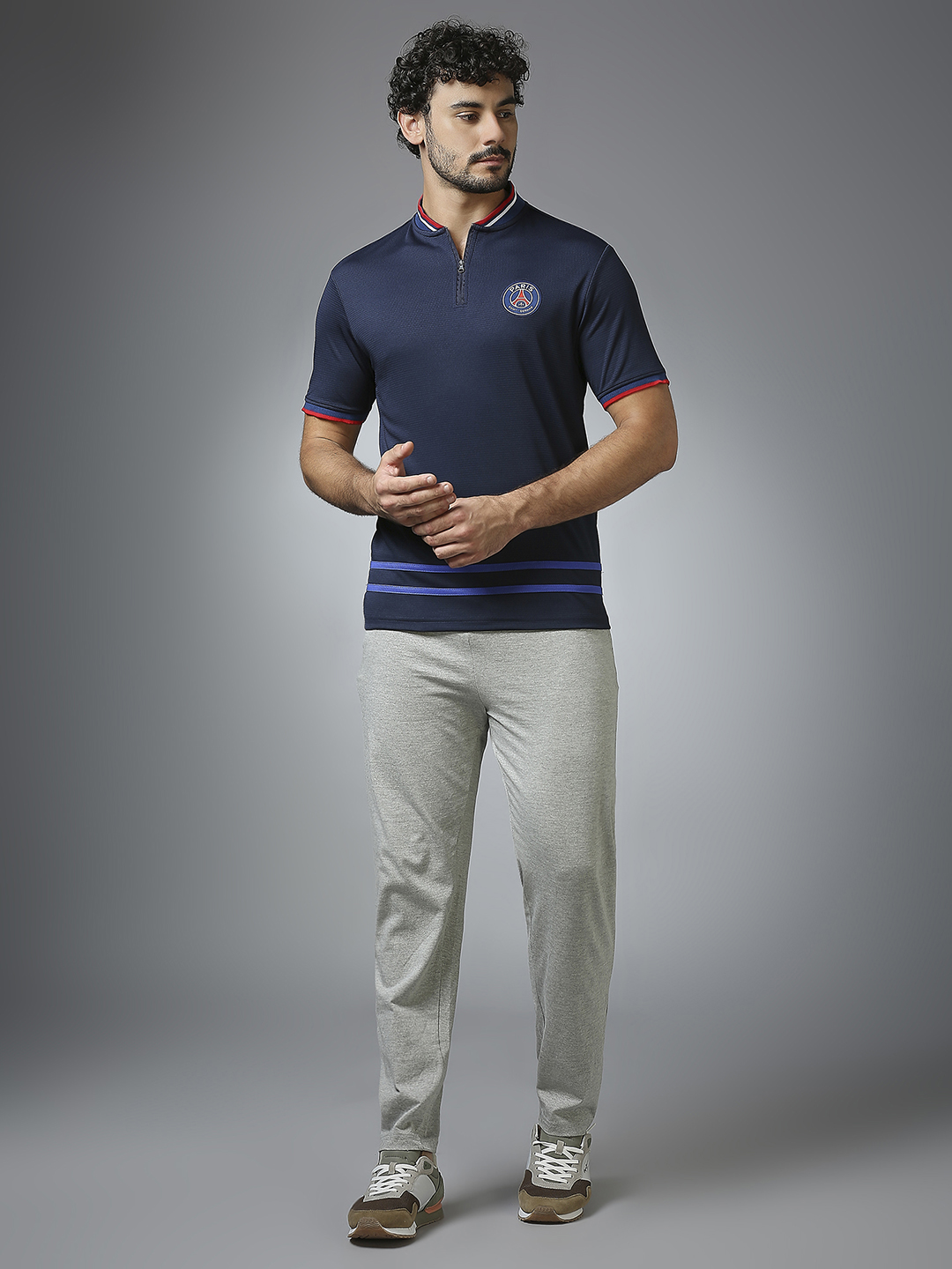 Paris Saint-Germain Men Navy Blue Half Sleeves Round Neck Bomber Henley T-Shirts (6)