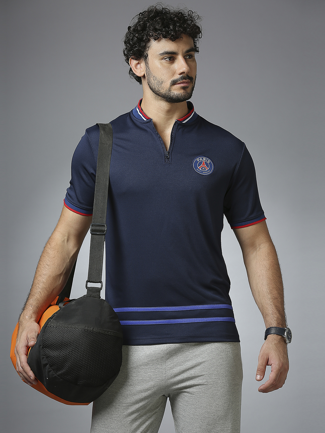 Paris Saint-Germain Men Navy Blue Half Sleeves Round Neck Bomber Henley T-Shirts (8)