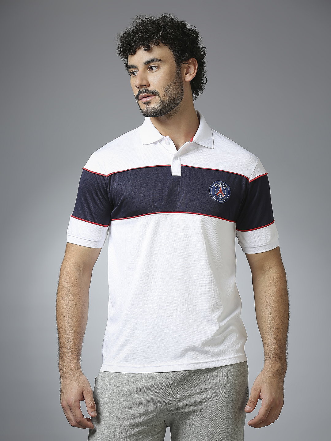 Men White and Navy Blue Half Sleeves Polo Collar Cut and Sew Crest T-Shirts