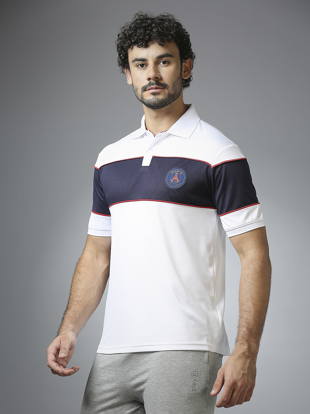 Paris Saint-Germain Men White and Navy Blue Half Sleeves Polo Collar Cut and Sew Crest T-Shirts (2)