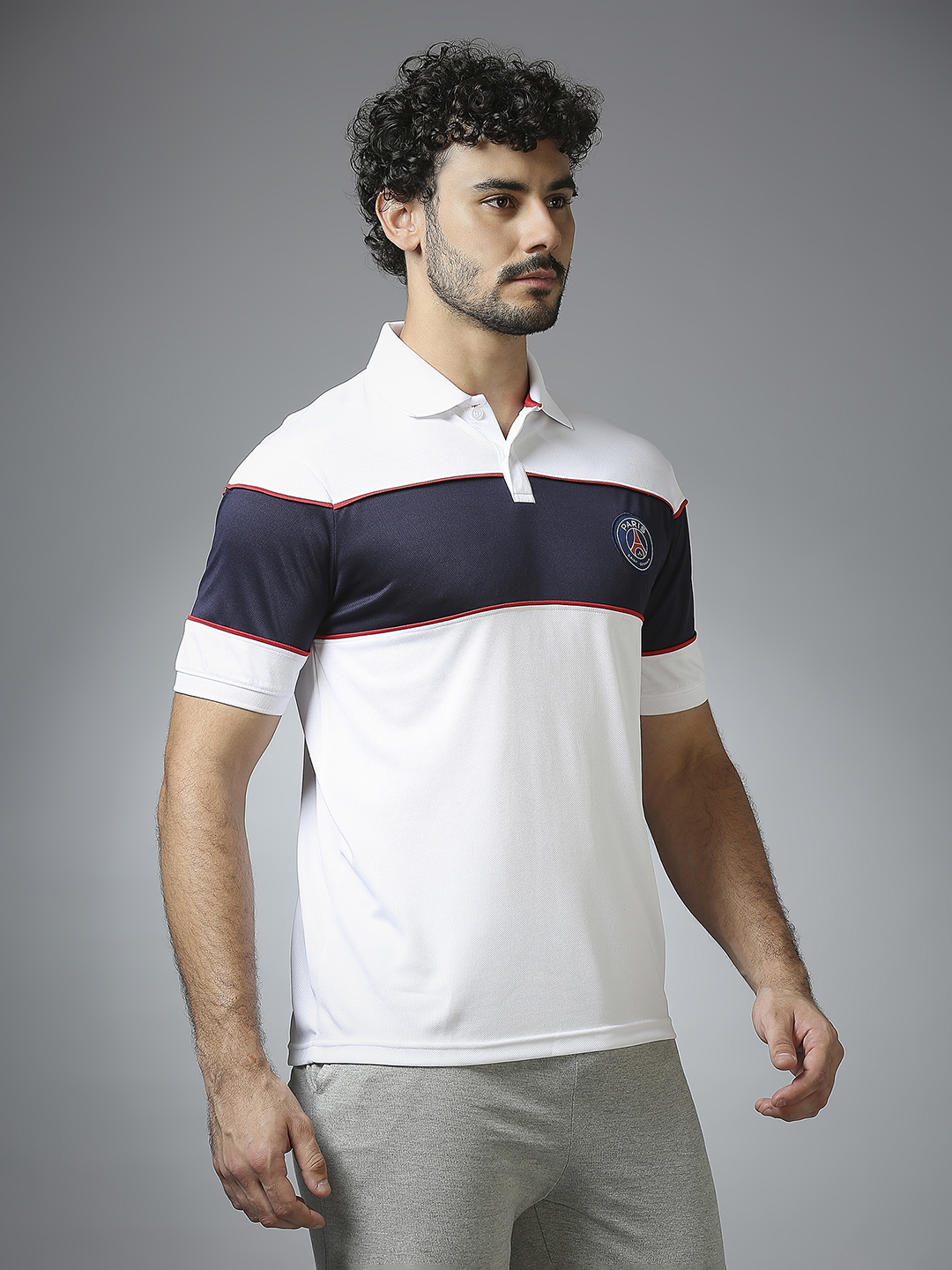 Paris Saint-Germain Men White and Navy Blue Half Sleeves Polo Collar Cut and Sew Crest T-Shirts (3)