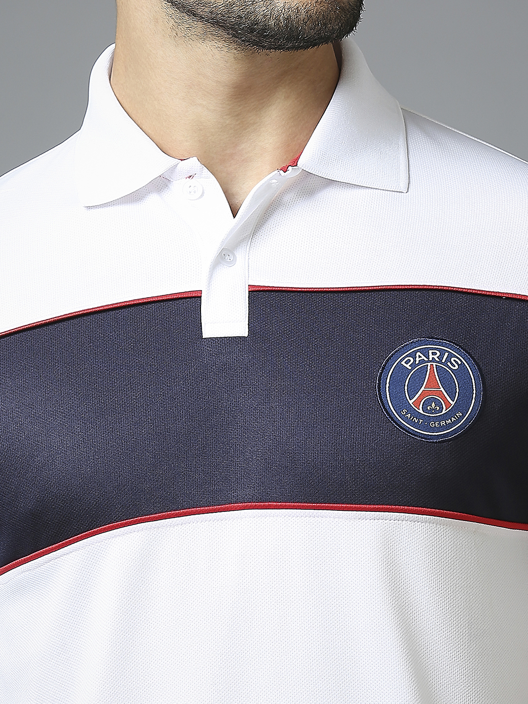 Paris Saint-Germain Men White and Navy Blue Half Sleeves Polo Collar Cut and Sew Crest T-Shirts (5)