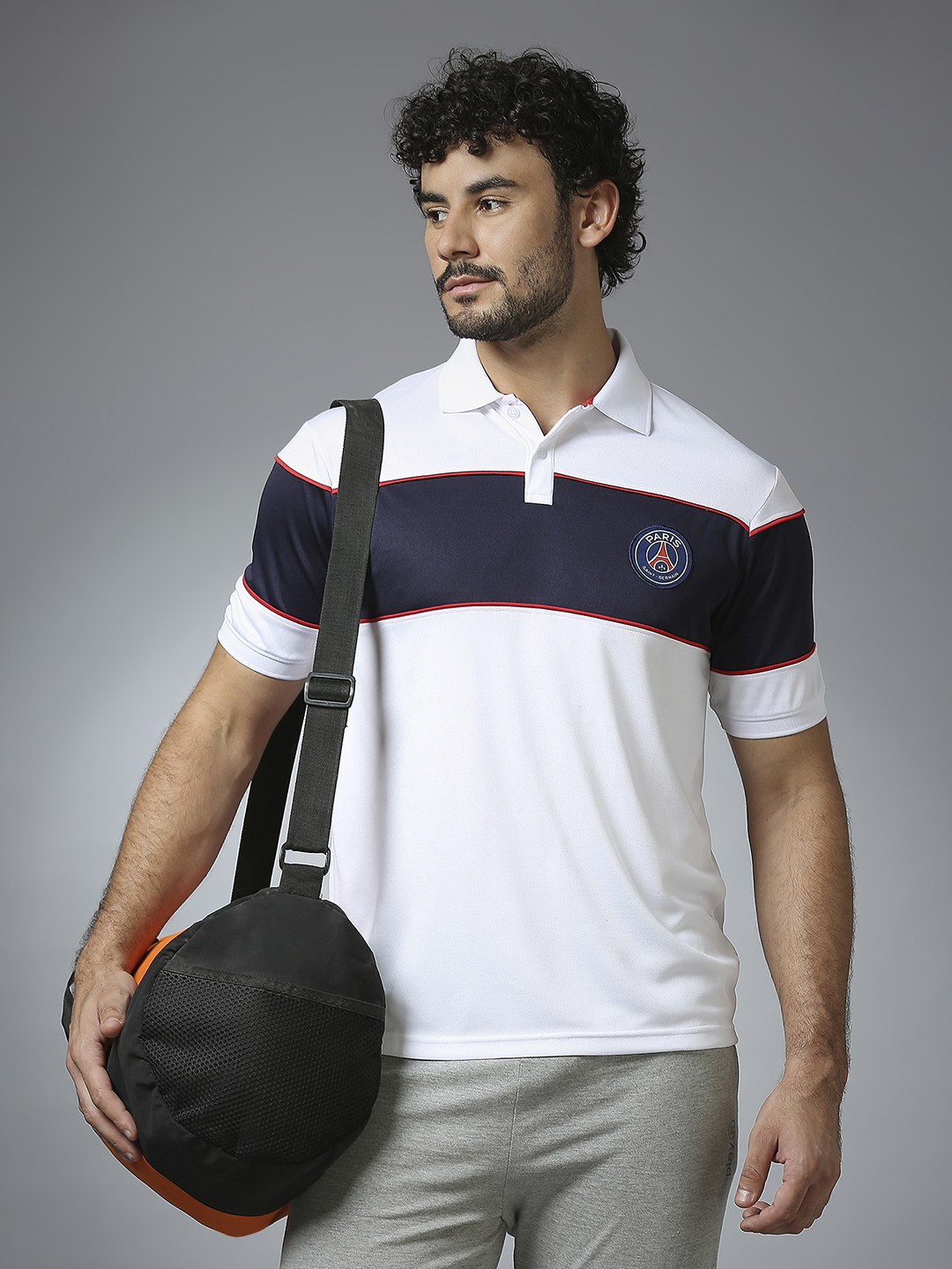 Paris Saint-Germain Men White and Navy Blue Half Sleeves Polo Collar Cut and Sew Crest T-Shirts (8)