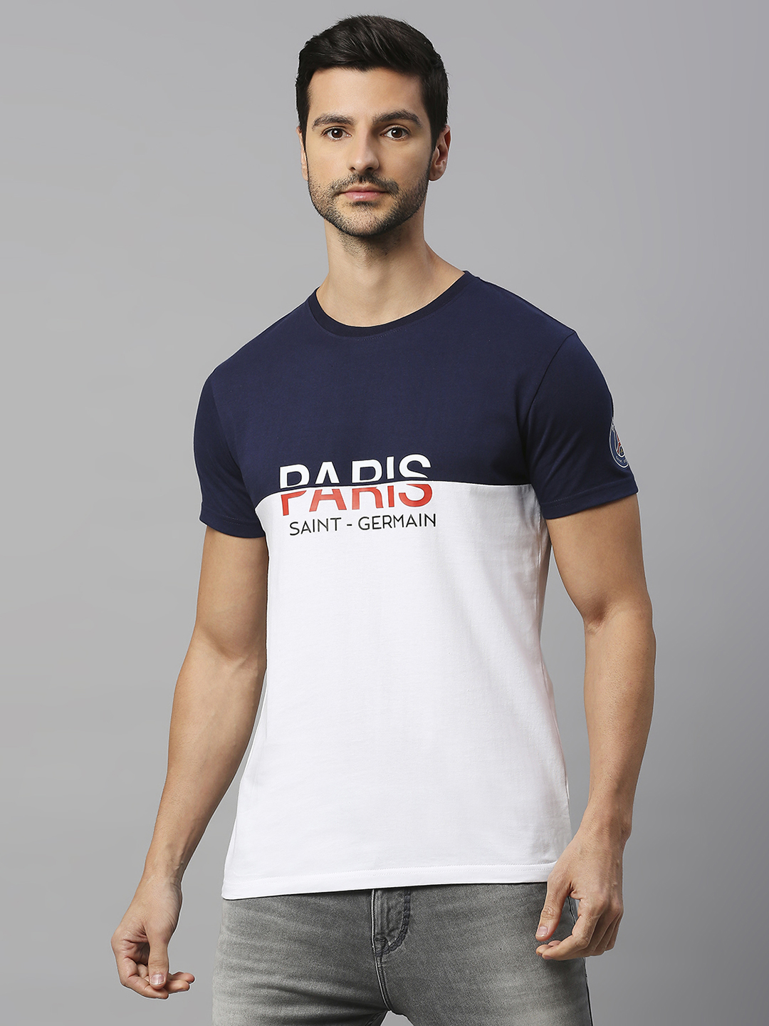 Paris Saint-Germain PSG-23 Dual Tone: Men Navy & White Colourblocked Cotton T-Shirt (1)