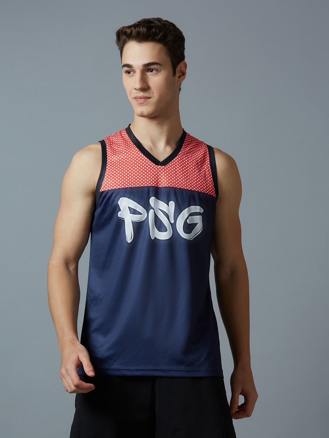 Men Navy Blue and Red Logo Printed Colorblocked Polyester Vest