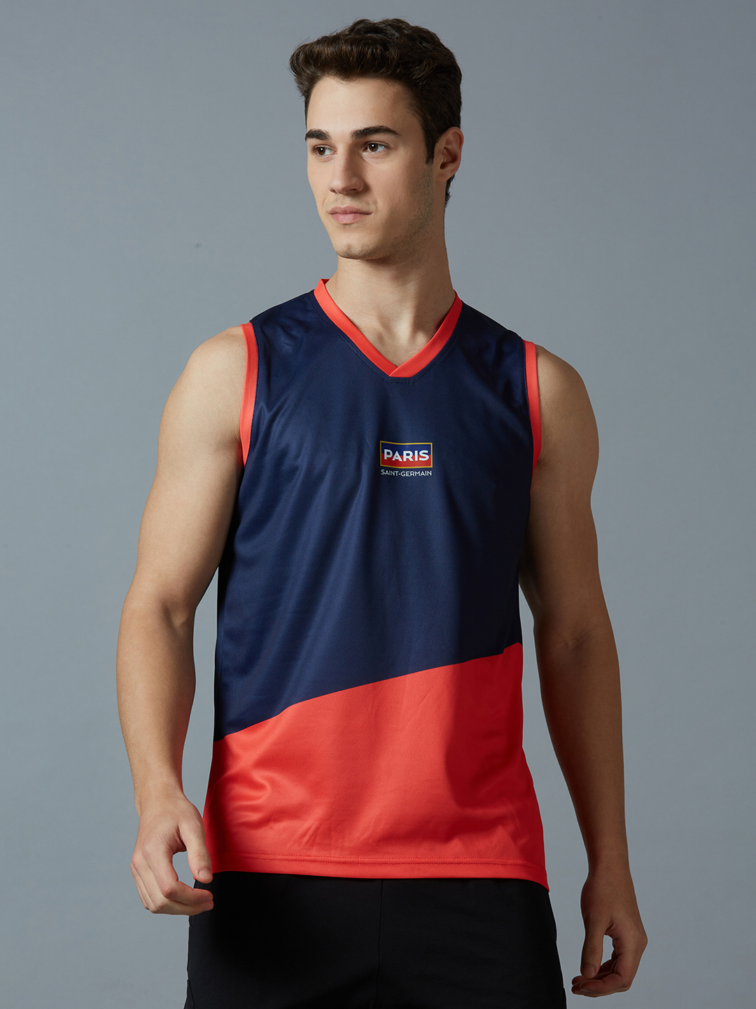 Men Navy Blue and Red Printed Colorblocked V-Neck Polyester Vest