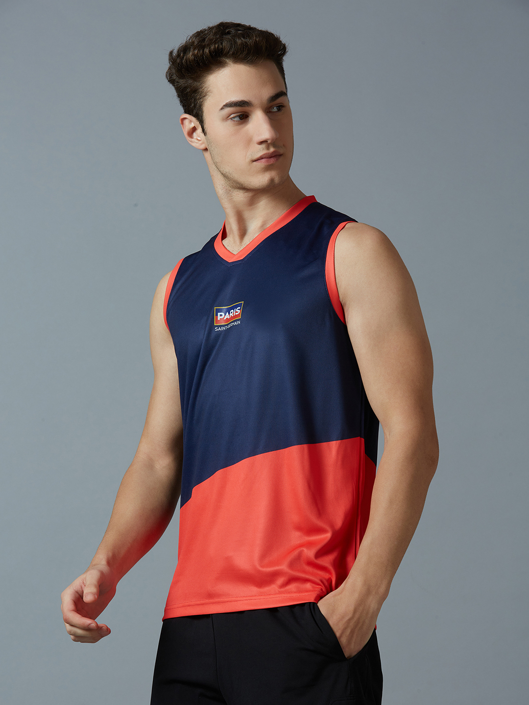 Paris Saint-Germain Men Navy Blue and Red Printed Colorblocked V-Neck Polyester Vest (2)