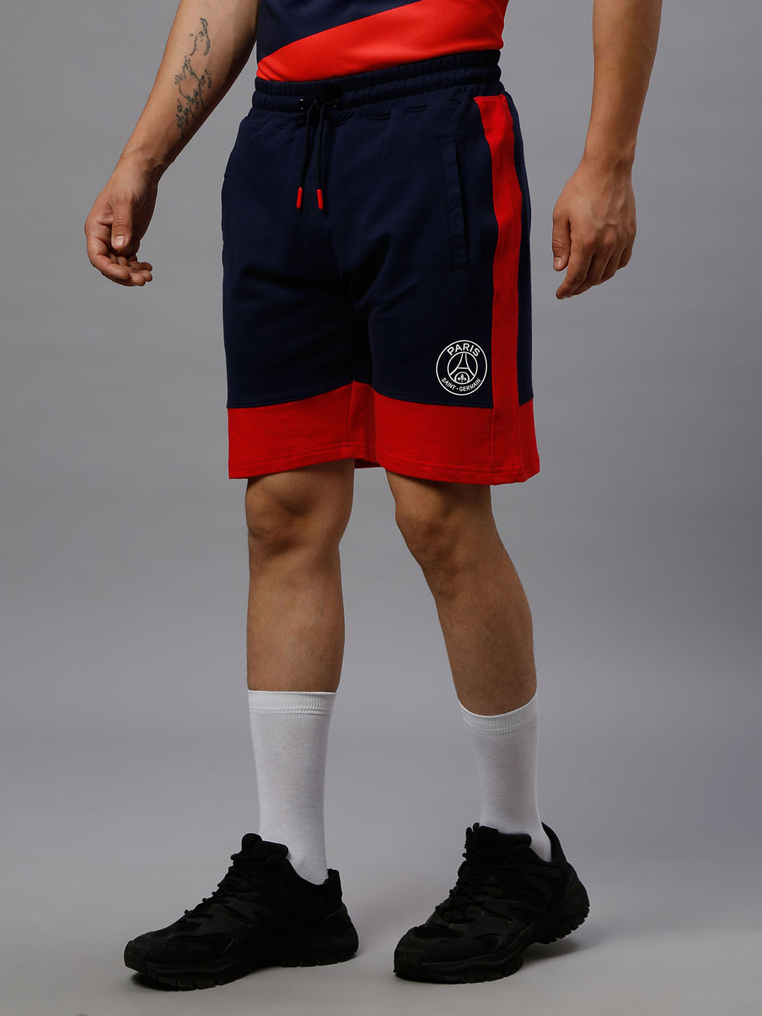 Paris Saint-Germain Men Navy Blue and Red Printed Mid-Rise Colorblocked Cotton Shorts