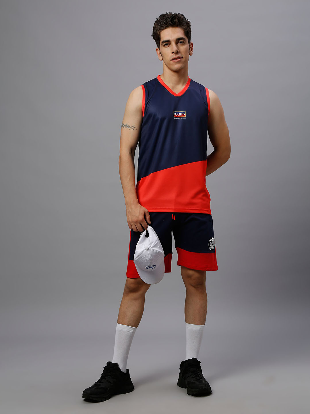 Paris Saint-Germain Men Navy Blue and Red Printed Mid-Rise Colorblocked Cotton Shorts (6)