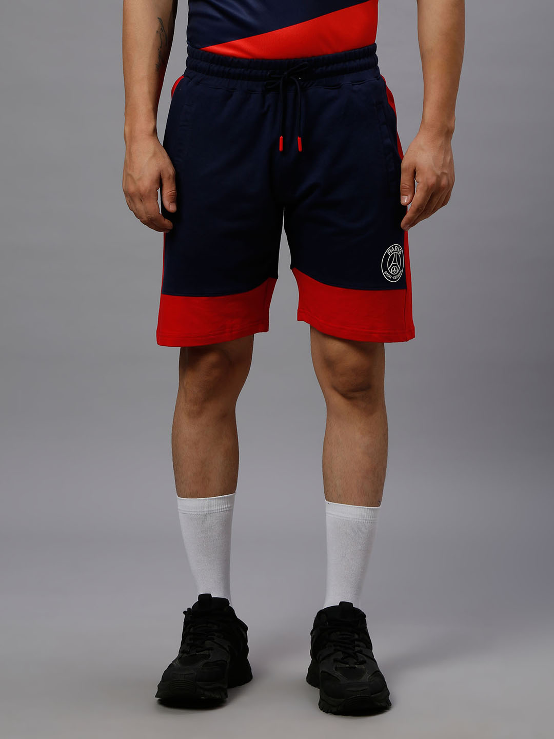 Paris Saint-Germain Men Navy Blue and Red Printed Mid-Rise Colorblocked Cotton Shorts (2)