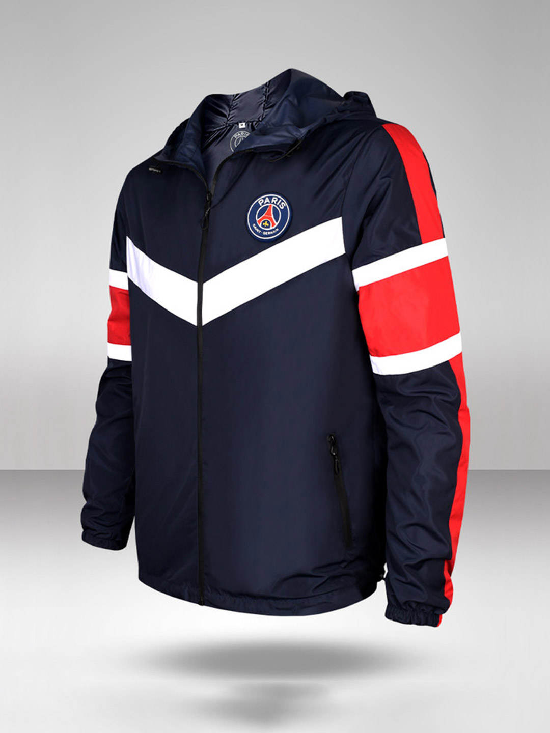 Paris Saint-Germain Men Navy Blue and Red Stormbreaker Sporty Hooded Jacket  (1)
