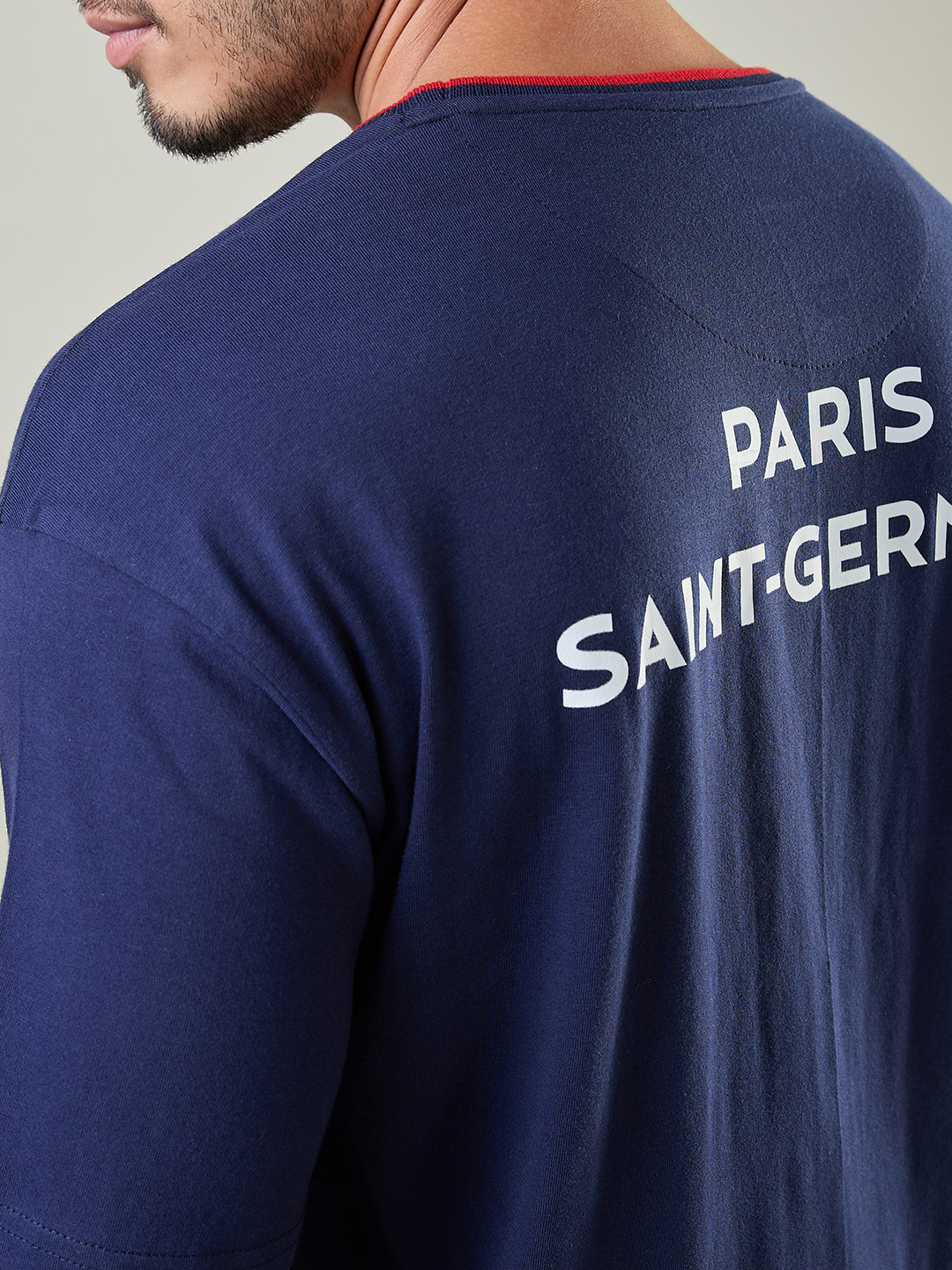 Paris Saint-Germain Men Navy Blue Logo Printed Half Sleeves Round Neck Oversized Cotton T-Shirt (6)