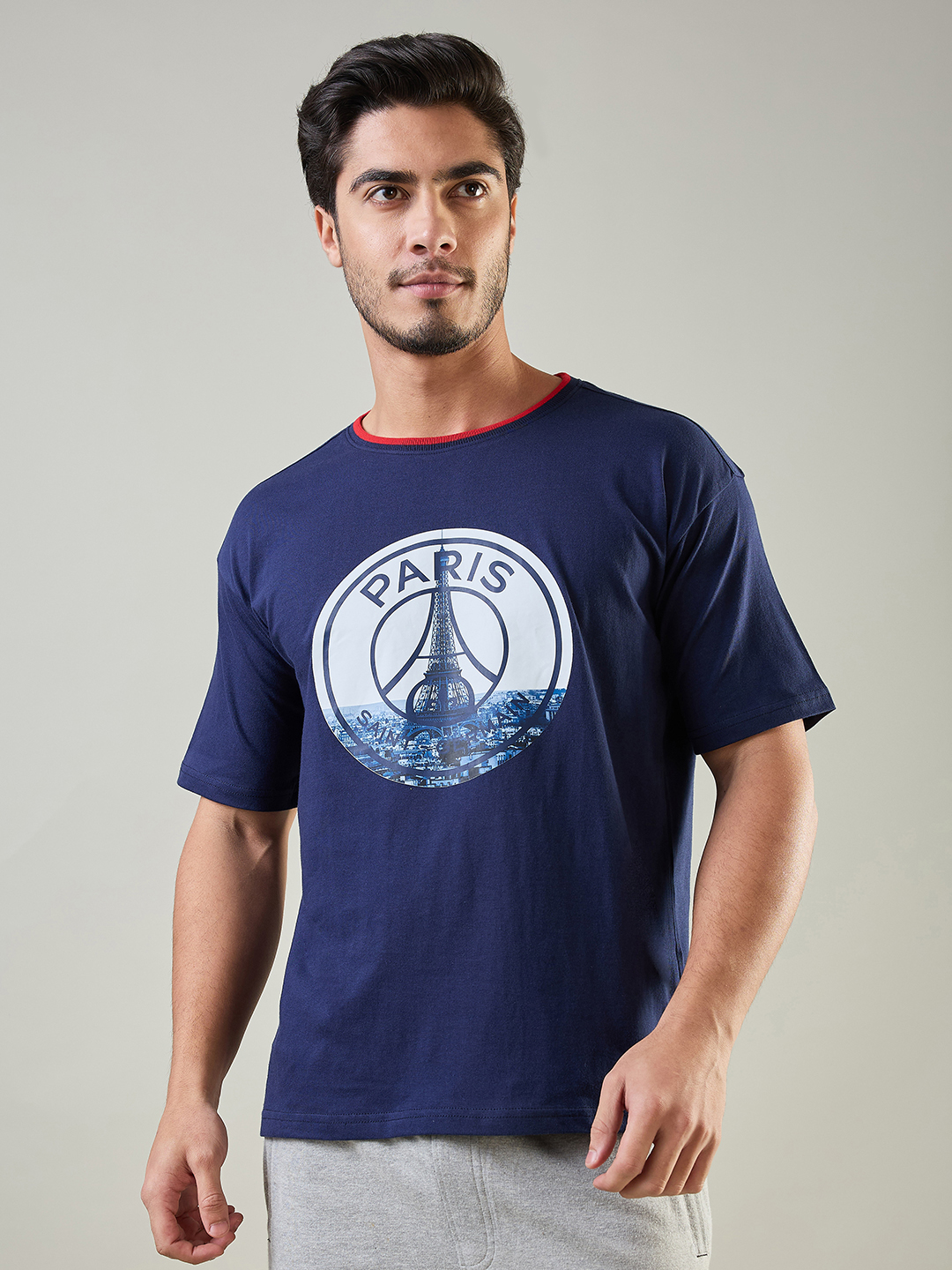 Men Navy Blue Logo Printed Half Sleeves Round Neck Oversized Cotton T-Shirt