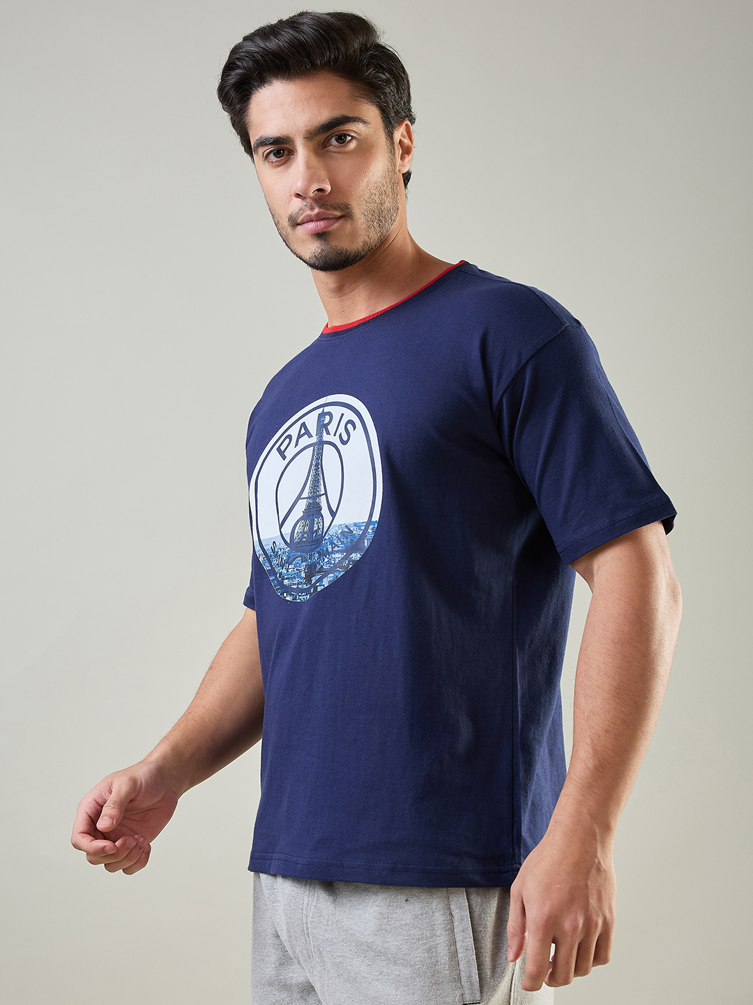 Paris Saint-Germain Men Navy Blue Logo Printed Half Sleeves Round Neck Oversized Cotton T-Shirt (2)