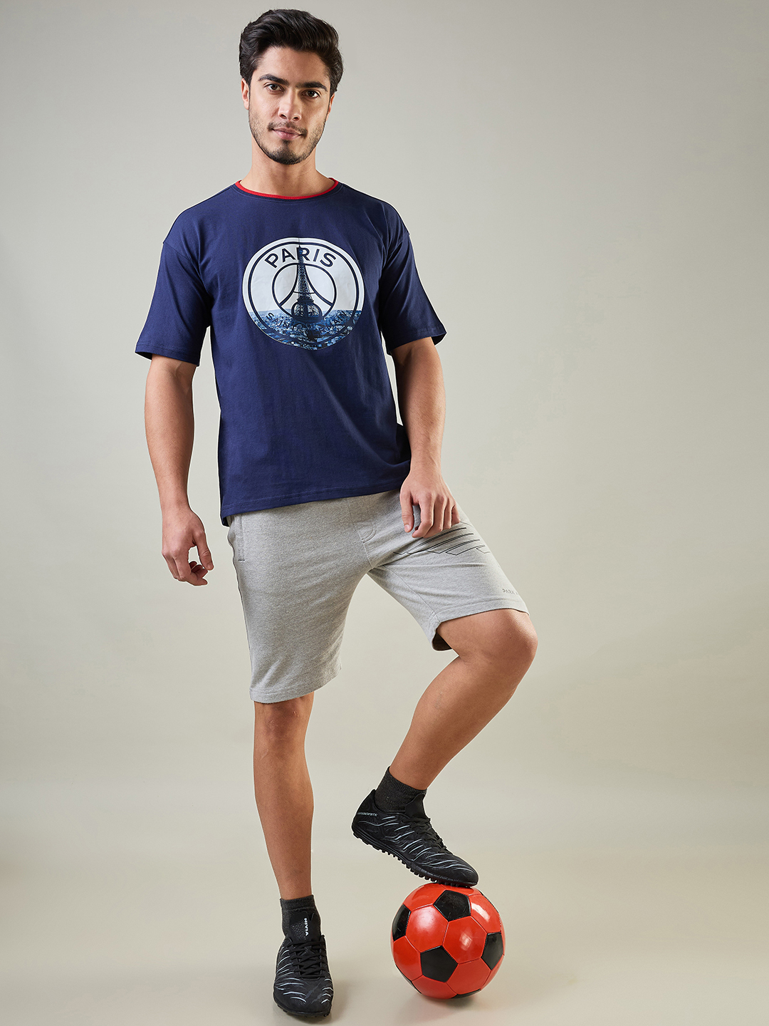 Paris Saint-Germain Men Navy Blue Logo Printed Half Sleeves Round Neck Oversized Cotton T-Shirt (4)