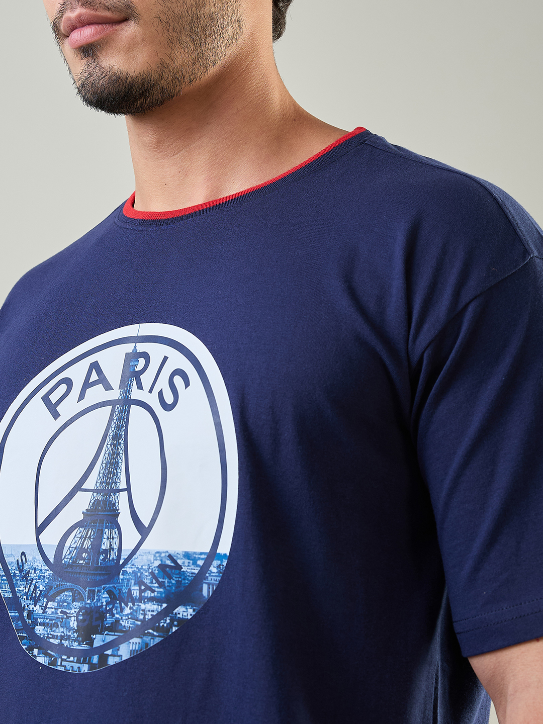Paris Saint-Germain Men Navy Blue Logo Printed Half Sleeves Round Neck Oversized Cotton T-Shirt (5)