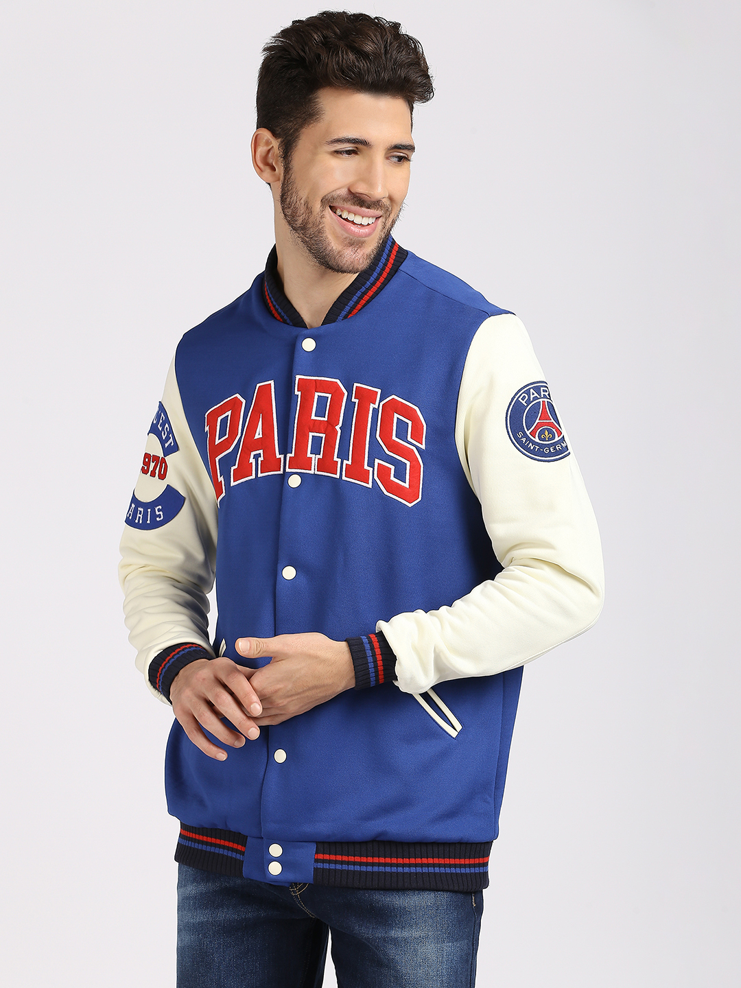 Paris Saint-Germain Men Navy Blue Printed Long Sleeves Letterman Jacket (2)