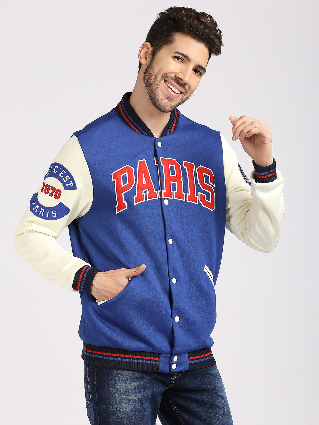 Paris Saint-Germain Men Navy Blue Printed Long Sleeves Letterman Jacket (3)