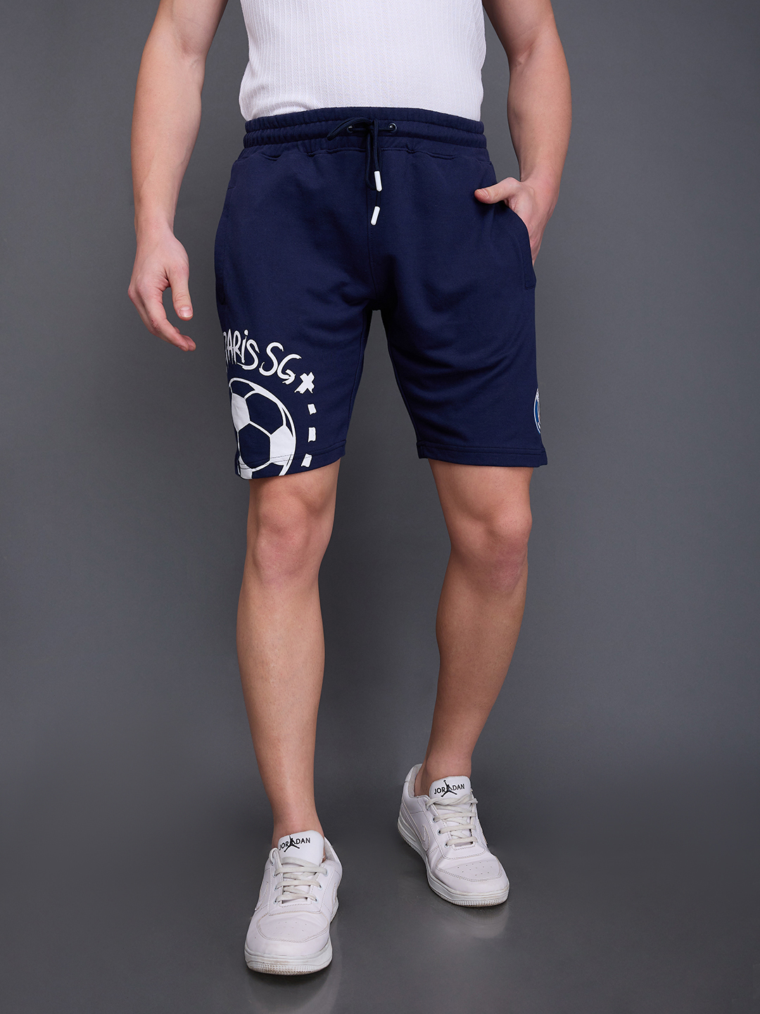 Paris Saint-Germain Men Navy Blue Printed Typography Brand Logo Mid-Rise Shorts