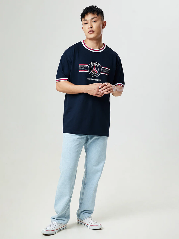 Paris Saint-Germain Men Navy Blue Sports Printed Oversized T-Shirts (1)