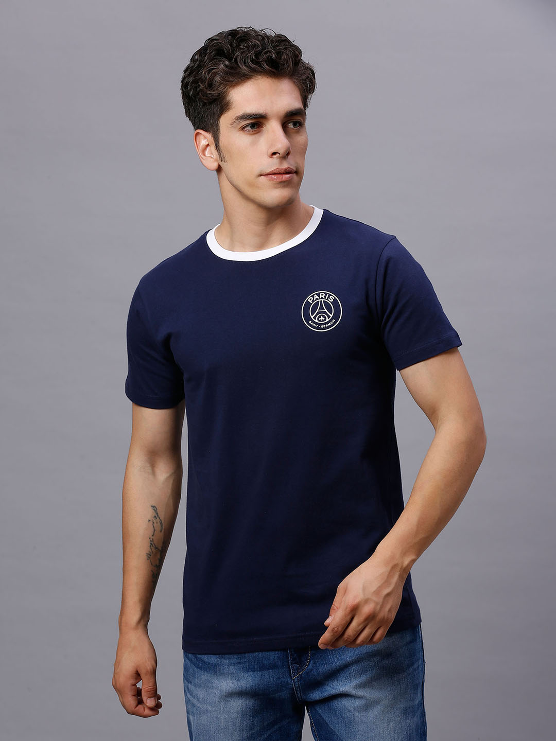 Men Navy Blue Typography Printed Round Neck Cotton T-Shirt