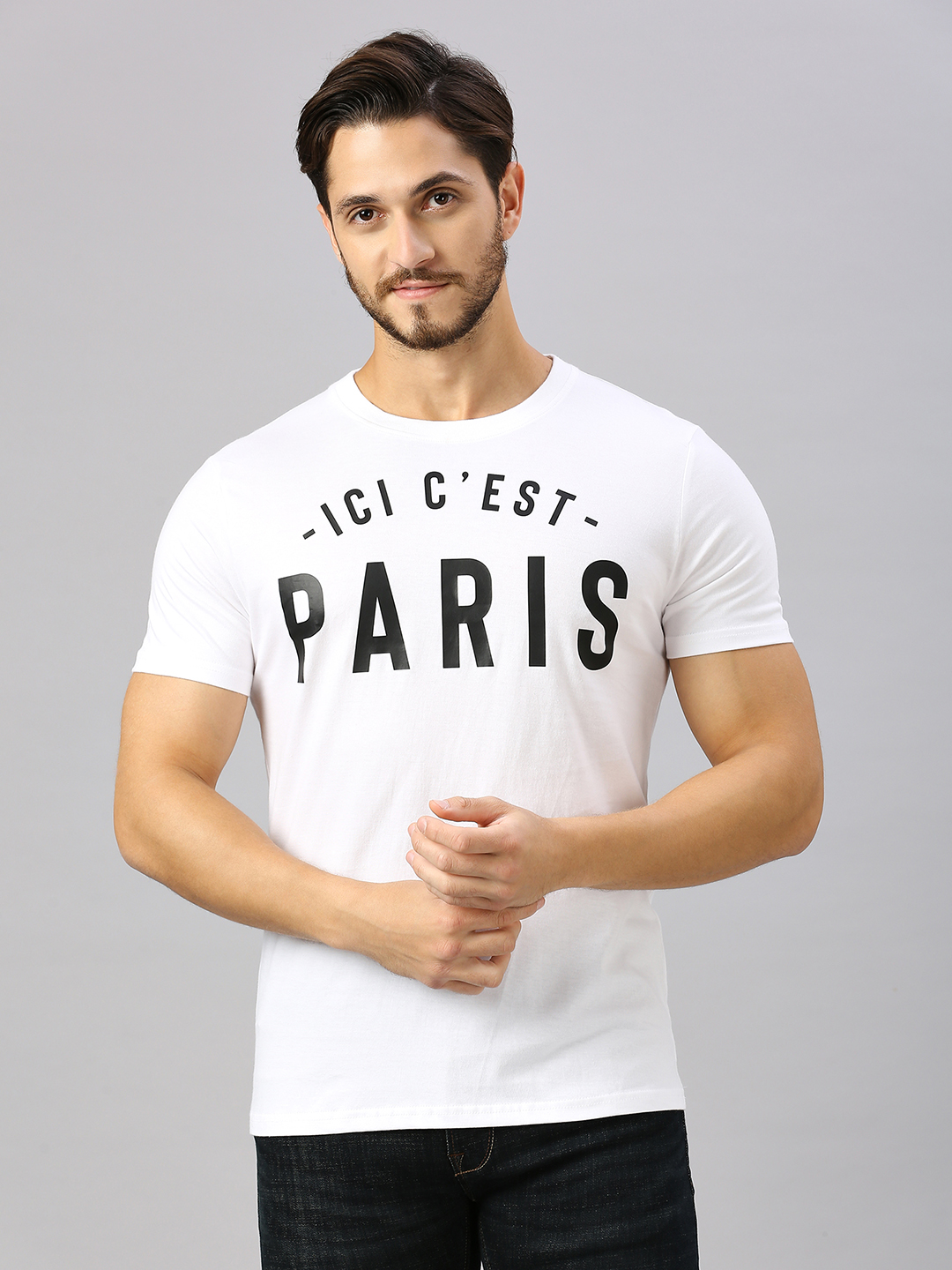 Men White Printed Round Neck Half Sleeves Cotton T-Shirt