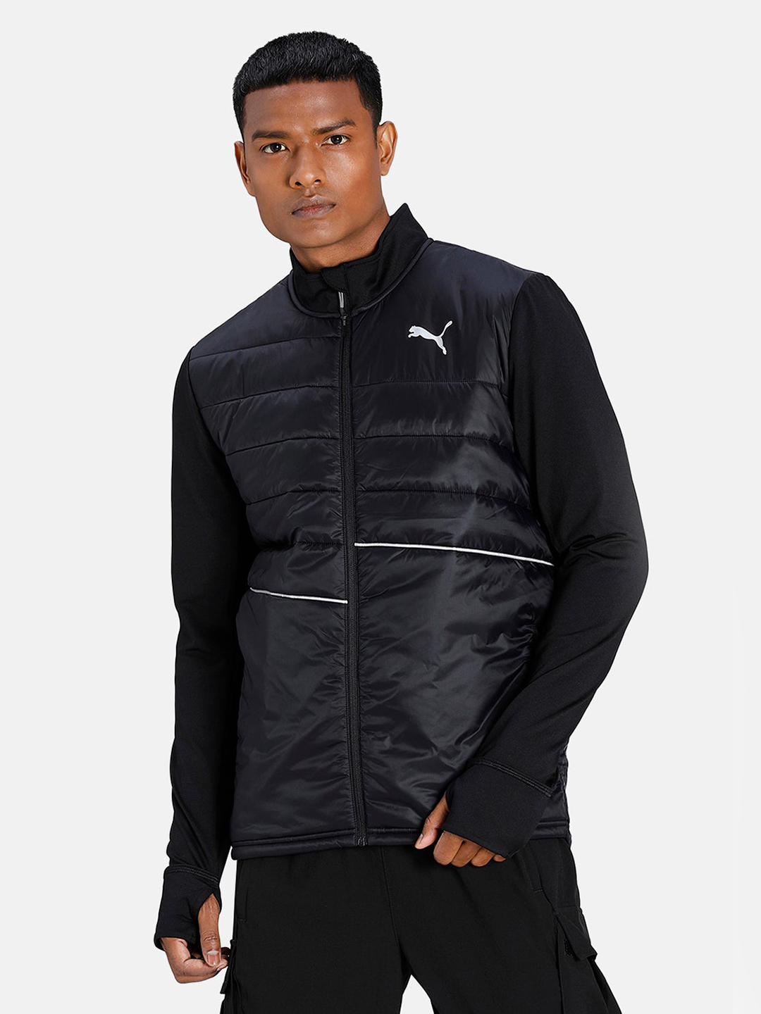 Men Black & White Printed Run Elevated Padded Jackets