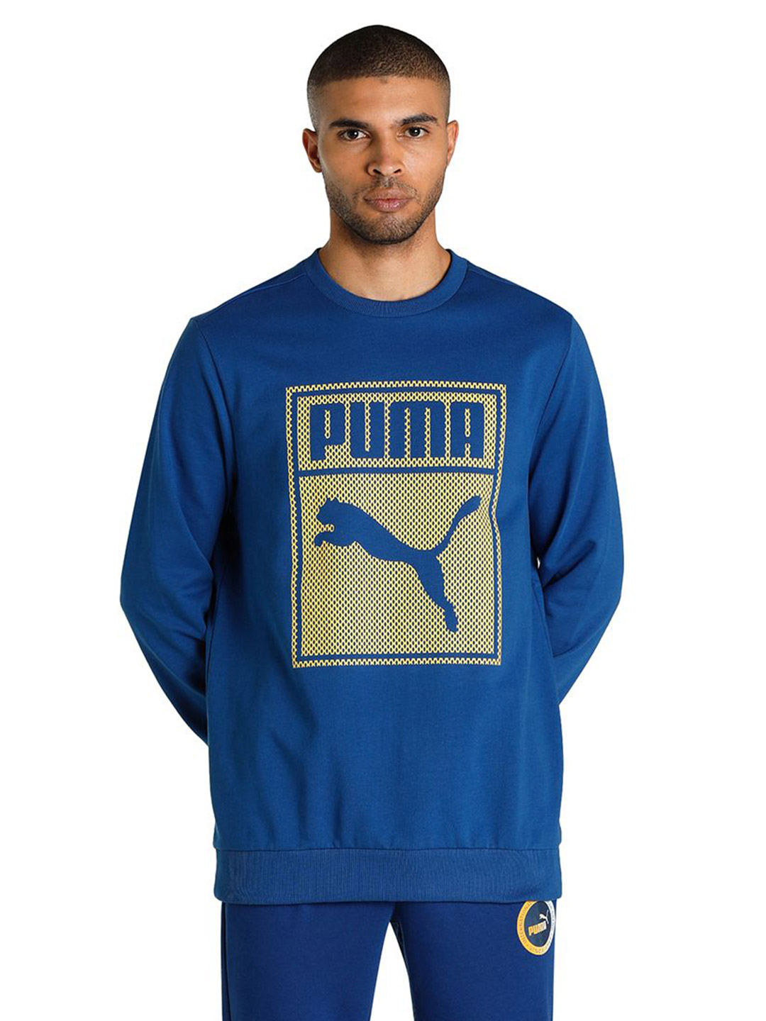 Men Blazing Blue Printed PUMA Graphic Crew Sweat Shirt