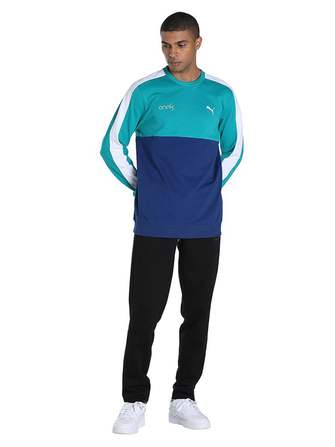 Puma Men Blazing Blue Printed PUMAxONE8 Color Block Crew Sweatshirts (5)