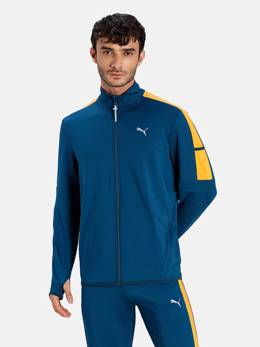 Men Blue & Yellow Solid Virat Kohli Full-Zip Sweatshirts