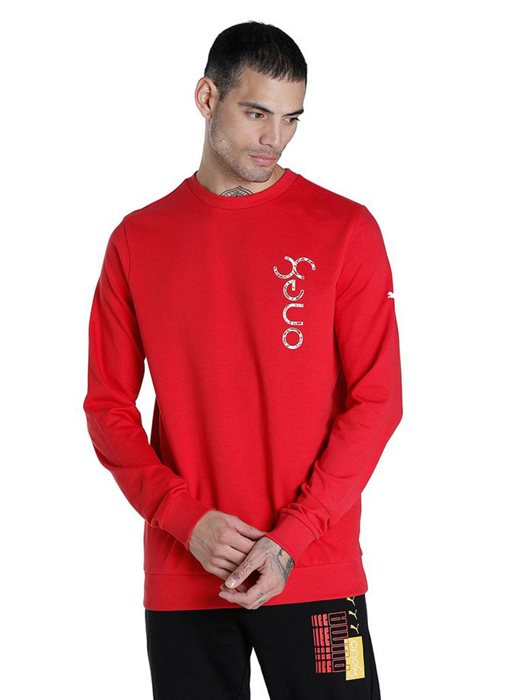 Men Burnt Red Printed one8 Virat Kohli Logo Crew Sweat Shirt