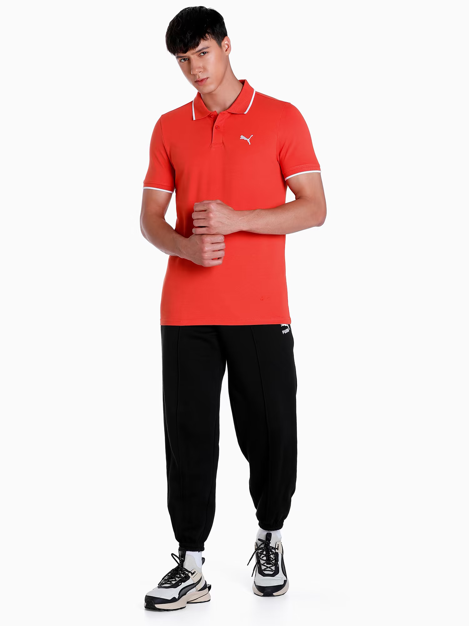 Men Chili Powder Printed Collar Tipping Heather Slim Fit Polo T-Shirt