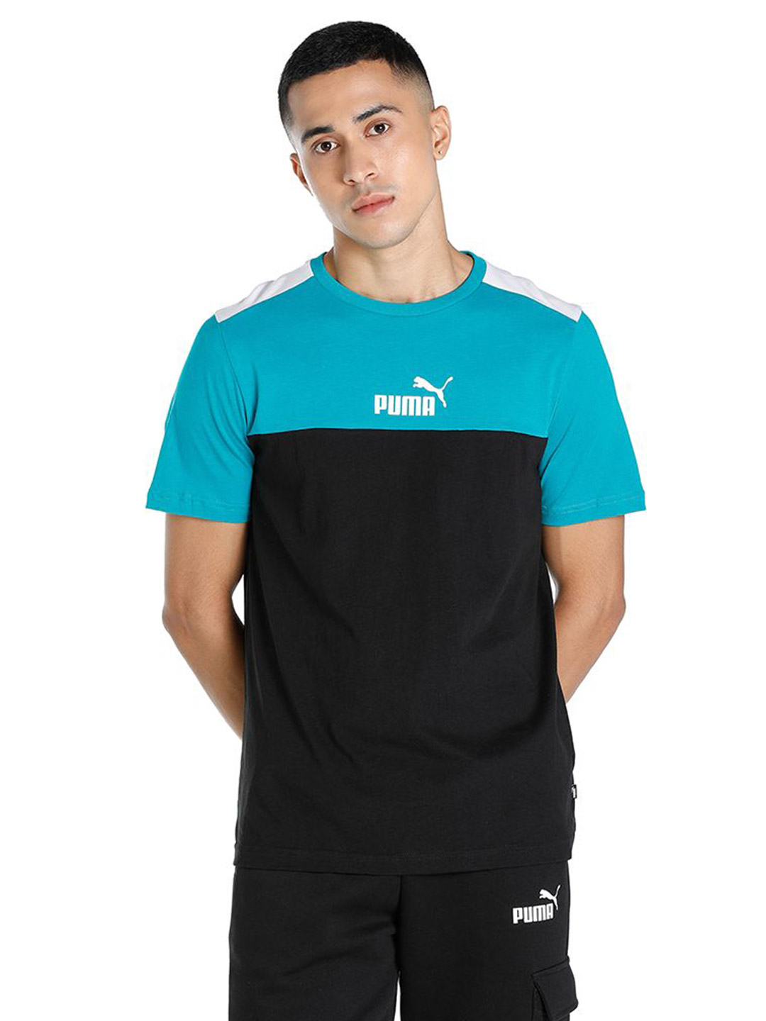 Men Deep Aqua Printed Essentials+ Block T-shirt