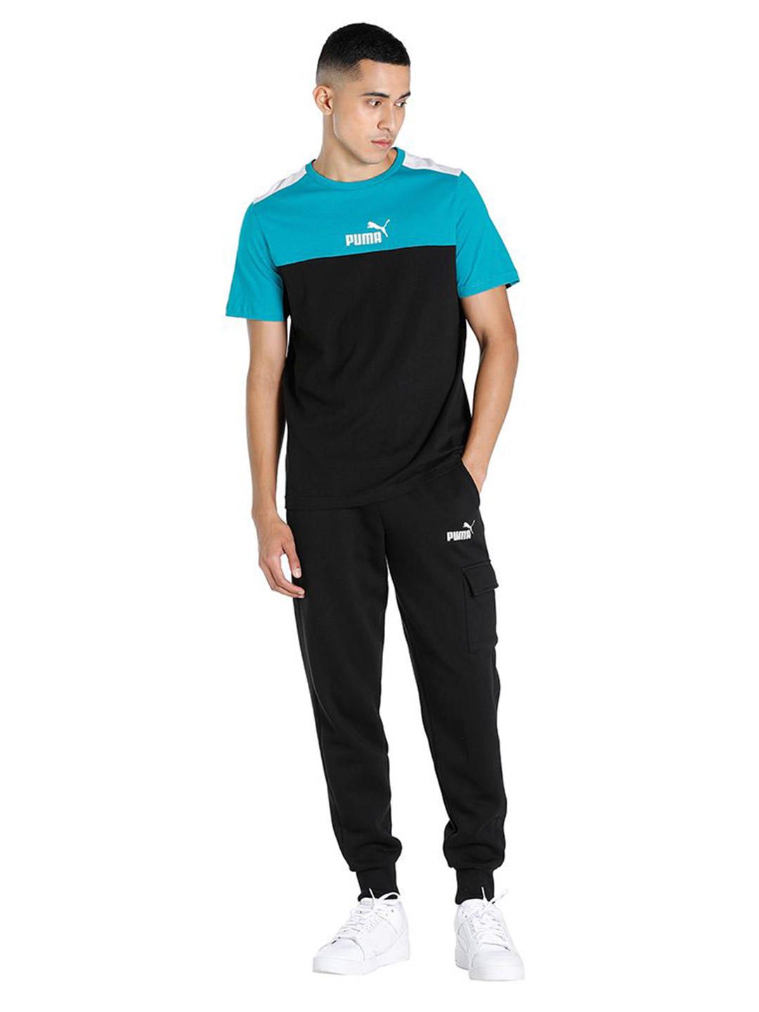 Puma Men Deep Aqua Printed Essentials+ Block T-shirt (5)
