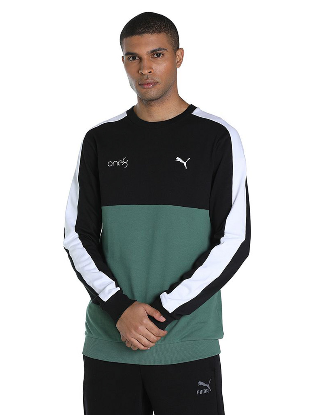 Puma Men Deep Forest Printed PUMAxONE8 Color Block Crew Sweatshirts (1)