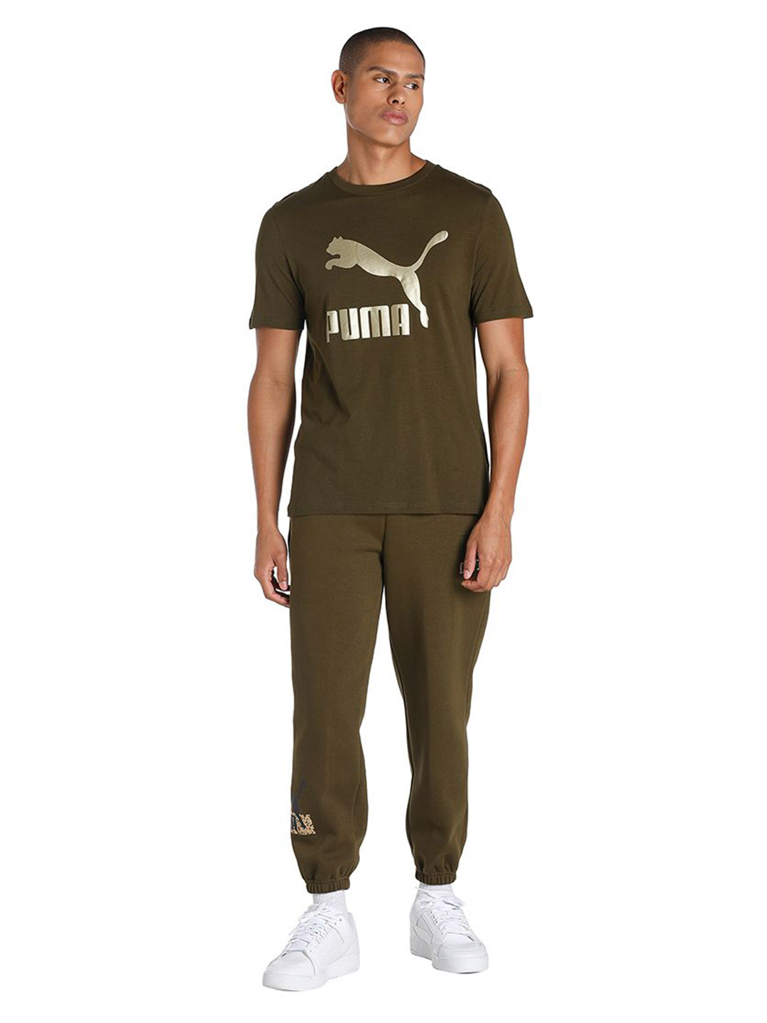 Puma Men Deep Olive Printed Classics Logo Metallic T-Shirt (5)