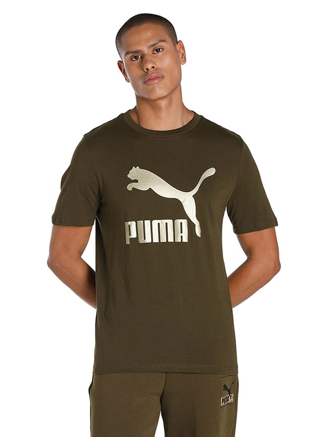 Men Deep Olive Printed Classics Logo Metallic T-Shirt