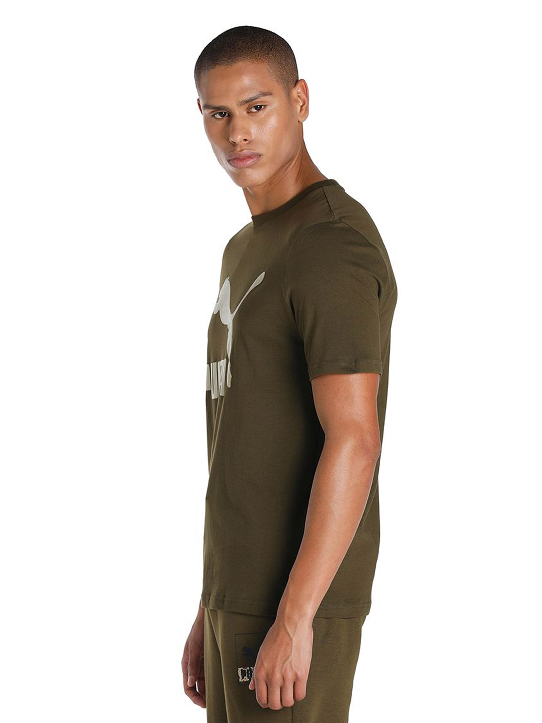 Puma Men Deep Olive Printed Classics Logo Metallic T-Shirt (2)