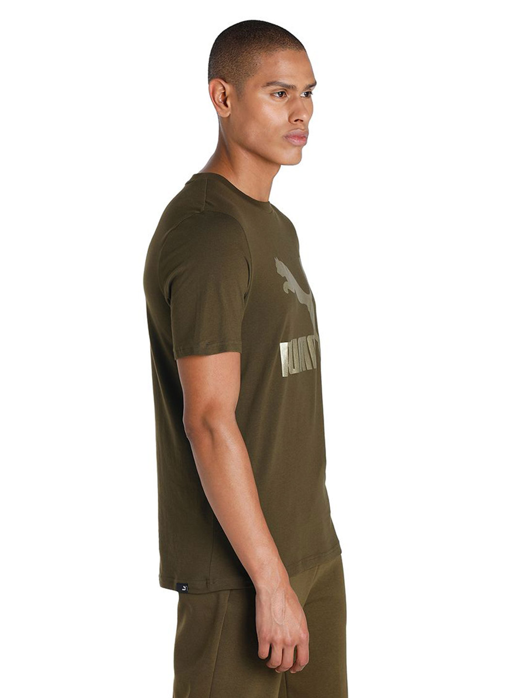 Puma Men Deep Olive Printed Classics Logo Metallic T-Shirt (4)