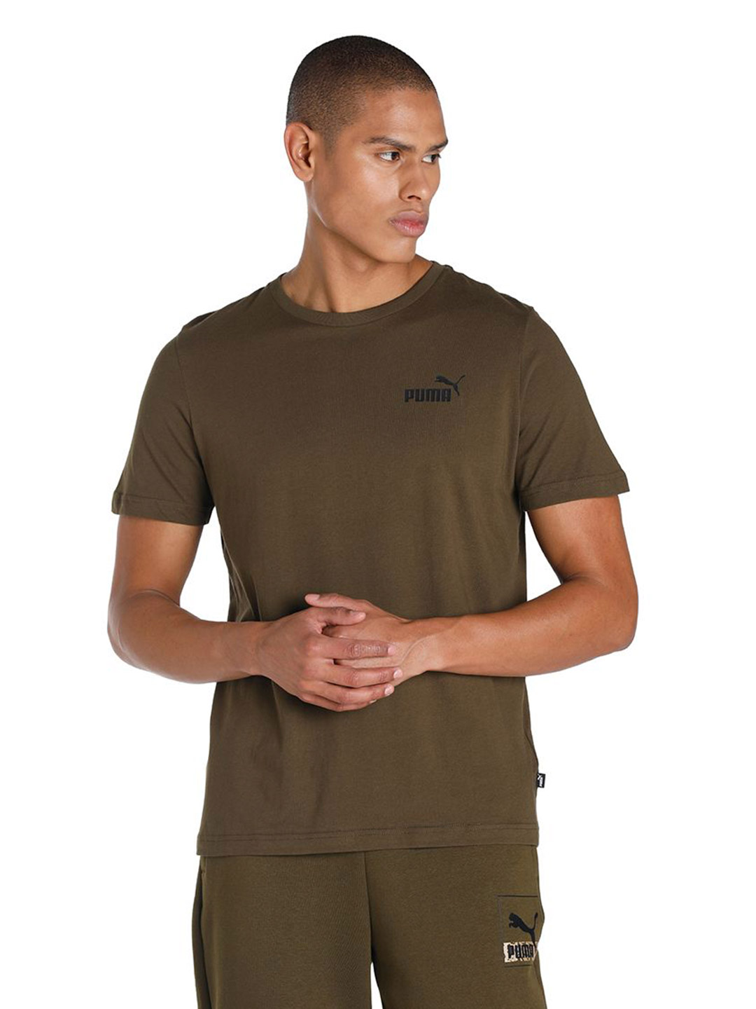 Men Deep Olive Printed Essentials Small Logo Regular Fit T-shirt