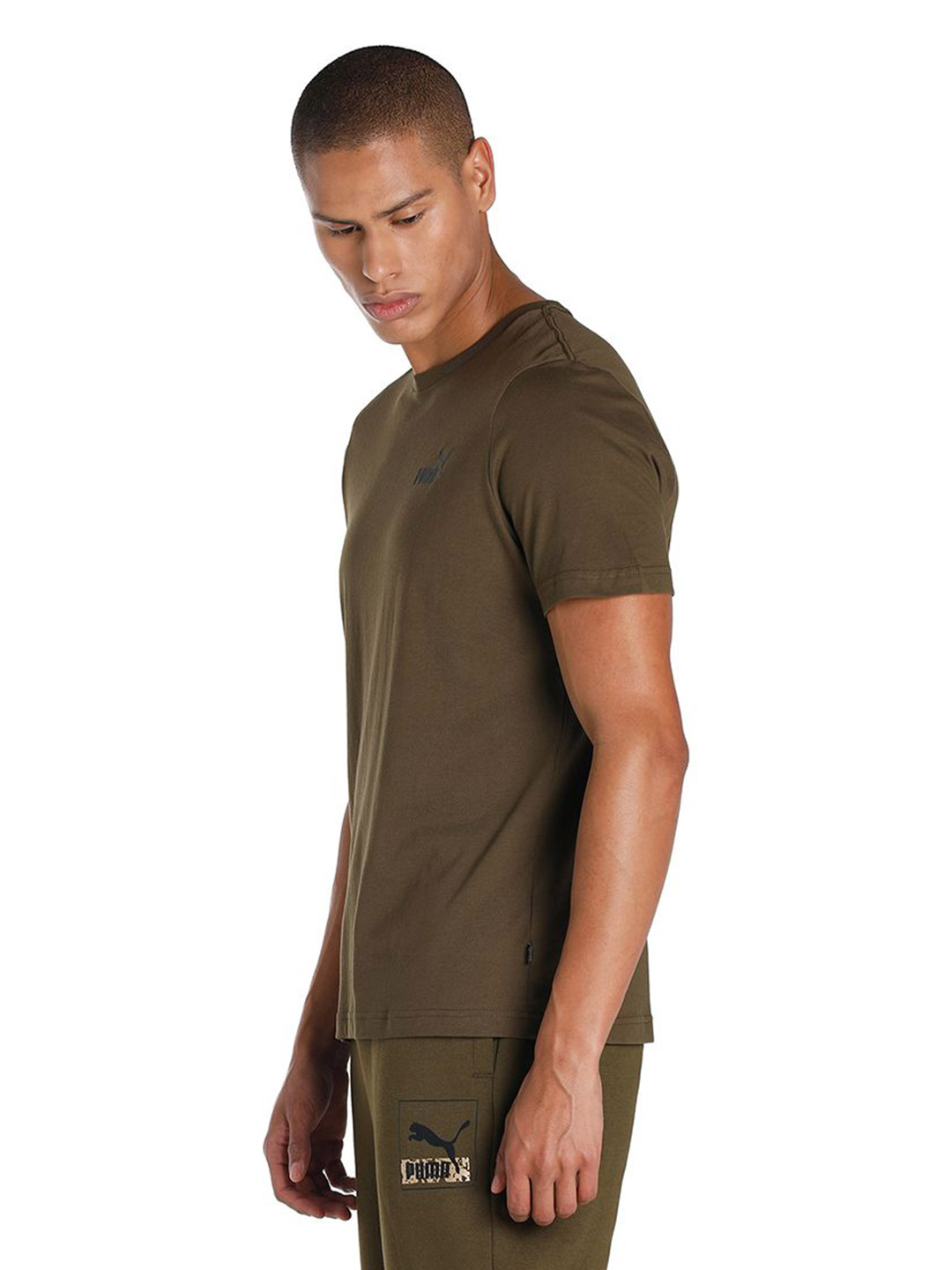 Puma Men Deep Olive Printed Essentials Small Logo Regular Fit T-shirt (3)