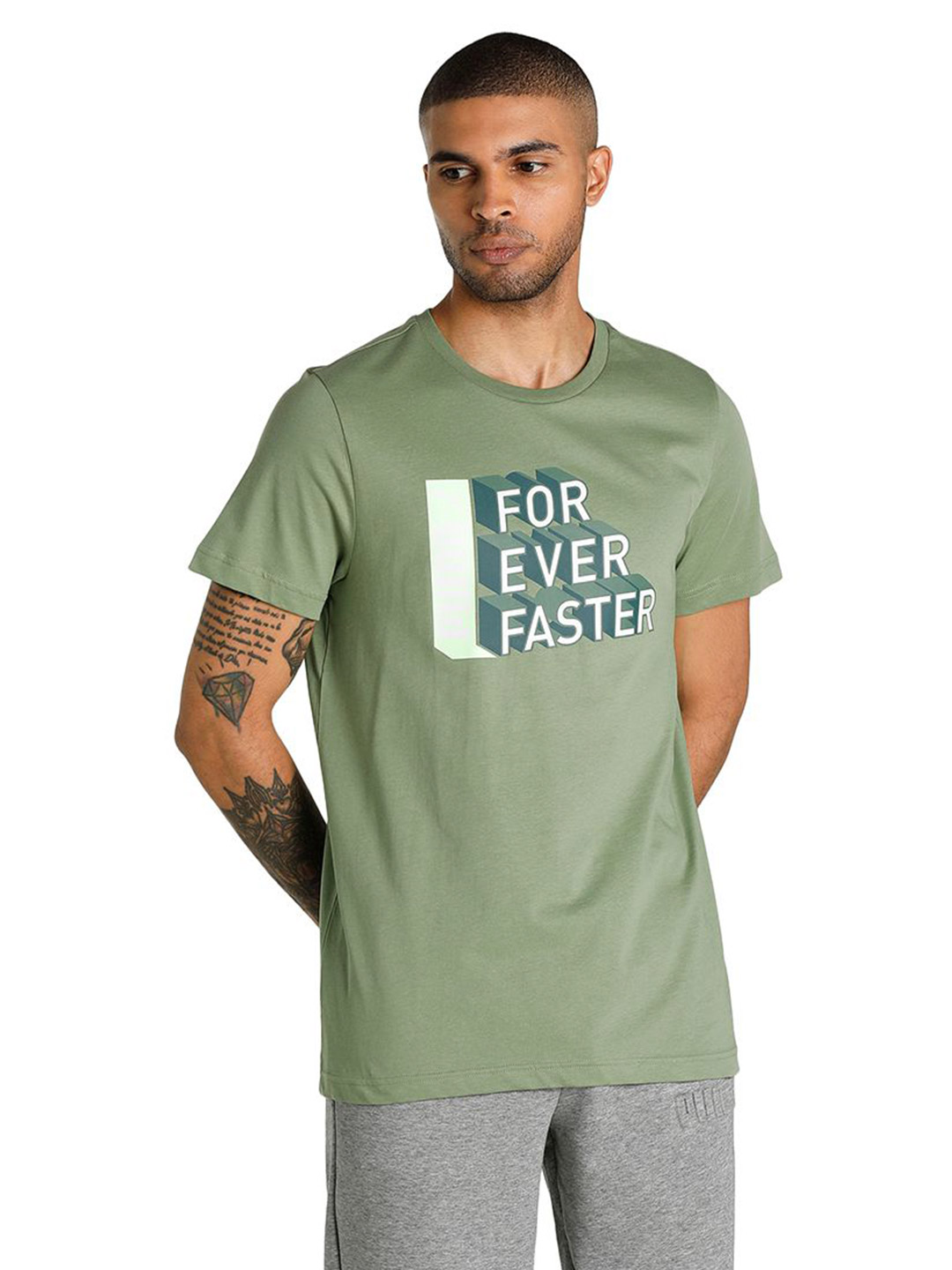 Men Dusty Green Printed FF Graphic T-Shirt