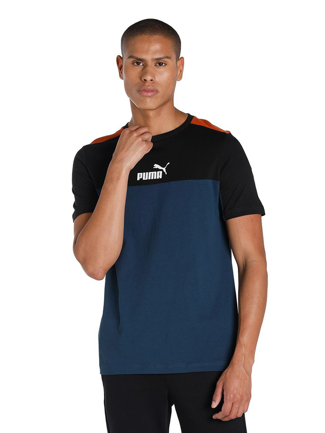 Men Marine Blue Printed Essentials+ Block T-shirt